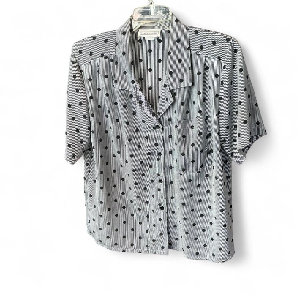 Vintage‎ Black & White Polka Dot Stripe Blouse Short Sleeve with Shoulder Pads